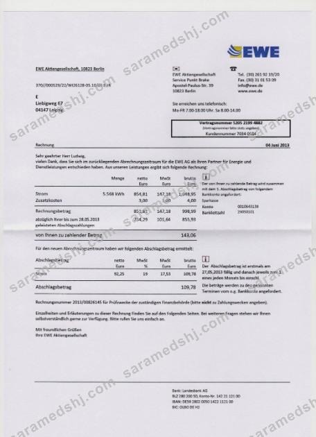 Germany EWE utility bill in PSD format